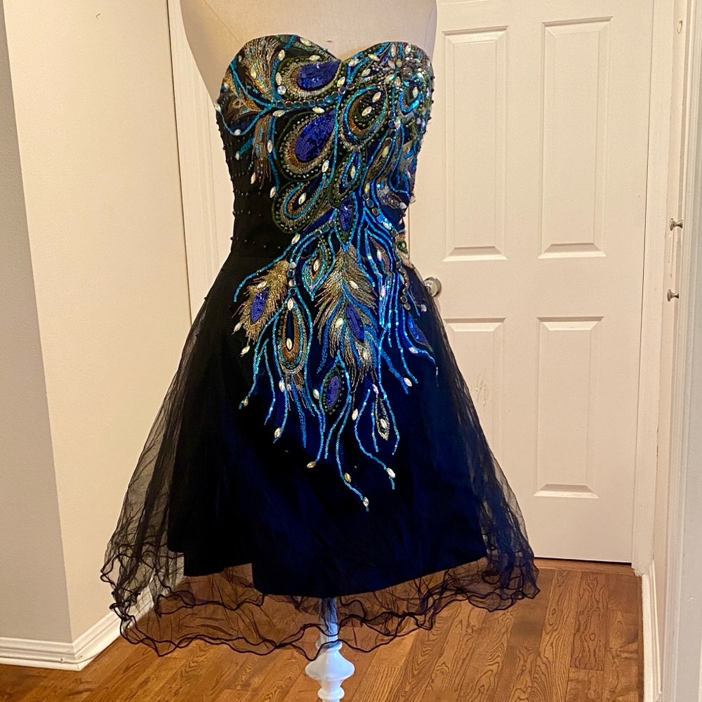 Stunning Black and Blue Strapless Peacock Beaded Dress